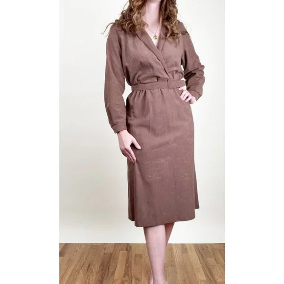 Vintage Parisian Belted Midi Dress Preppy Light Dark Academia Secretary Rustic - Picture 2 of 5